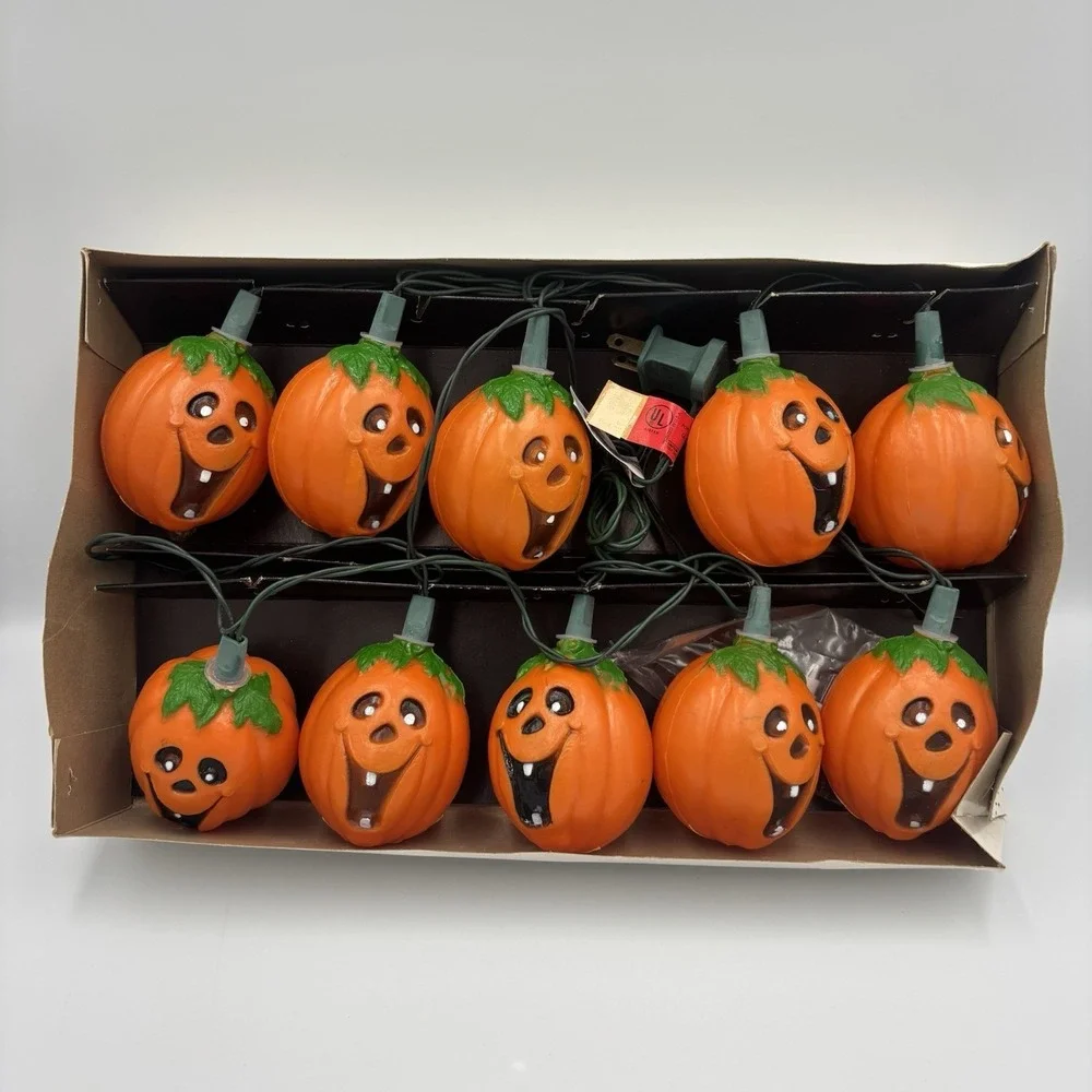 Vintage Jack o lantern Blow Mold String Lights 10‎ Orange Halloween Happy Face